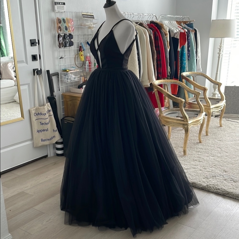 Mac Duggal Plunge Neck, Low Back Full Skirt Black Evening Gown